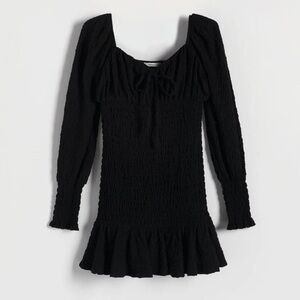 Reserved Brand Black Peasant Style Mini Dress Ruffle Rouched Long Sleeve